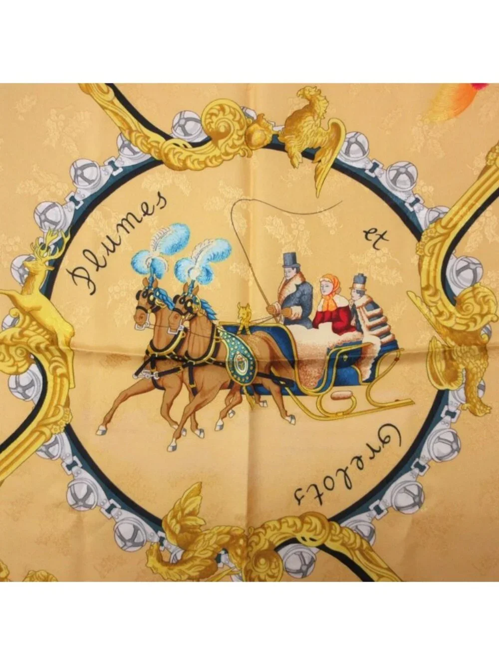 Hermes Scarf Carre 90 Plumes Et Grelots Silk Carriages Yellow